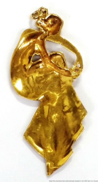14K Yellow Gold Diamond Antique Art Nouveau Lady Flowing Dress Pendant 8.  2g 6