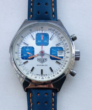 Vintage & Rare 1973 Heuer Incabloc Silver Blue Boy Chronograph Men’s Steel Watch