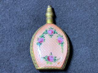 Antique Gold Filled Guilloche Enamel Perfume Bottle Hand Painted Roses 2” German