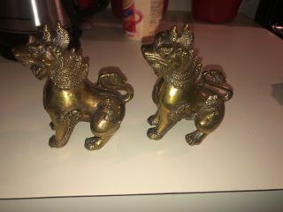 Antique Chinese Foo Dog Metal Statue - Very Heavy Pair 4.  5”