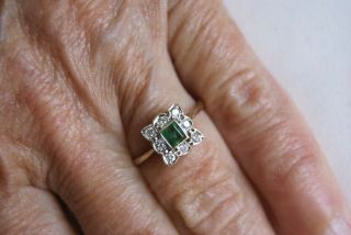 Fine Vintage Art Deco 9 Carat Yellow & W Gold Emerald & Old Cut Diamond Ring
