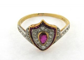 Antique Edwardian Shield Ruby Diamond Platinum 18k Gold Shield Design Ring