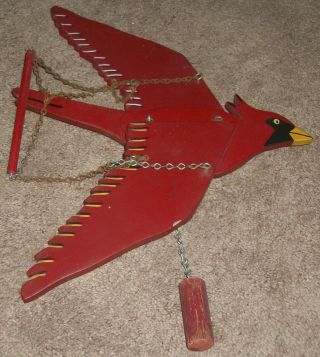 VINTAGE 50s - 60s HANDMADE WOOD RED BIRD CARDINAL PENDULUM PULL TOY NOSTALGIC 7