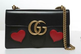Gucci Gg Medium Marmont Black Leather Red Hearts Antique Gold Chain Handbag Bag