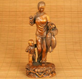 Big Chinese Old Boxwood Harvest Season Mother And Son Fish Lucky Statue Netsuke