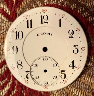 Illinois Pocket Watch Dial 16sz.  Double Sunk W/ Arabic Numbers,  Red Outer Dial