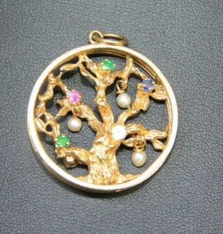 Vintage 14k Yellow Gold Tree Of Life Charm Pendant Pearls Sapphire Stones 3d