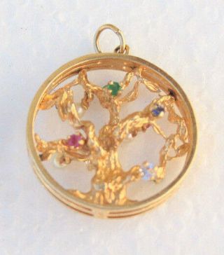 Vintage 14k Yellow Gold Tree Of Life Charm Pendant Pearls Sapphire Stones 3D 4