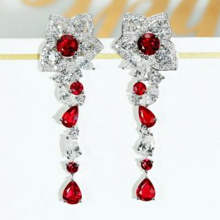4.  62ct 100 Natural Diamond 14k White Gold Pigeon Blood Red Ruby Earrings E54