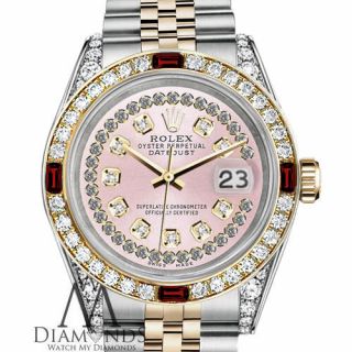 Ladies Rolex Steel & Gold 26mm Datejust Watch Pink String Dial Ruby & Diamond