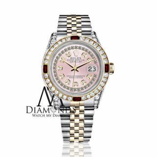 Ladies Rolex Steel & Gold 26mm Datejust Watch Pink String Dial Ruby & Diamond 2