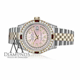Ladies Rolex Steel & Gold 26mm Datejust Watch Pink String Dial Ruby & Diamond 3