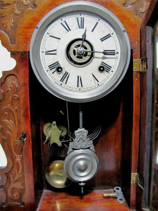 ANTIQUE ANSONIA MANTEL WALL CLOCK ART NOUVEAU GINGERBREAD STRIKING & ALARM BELL 7