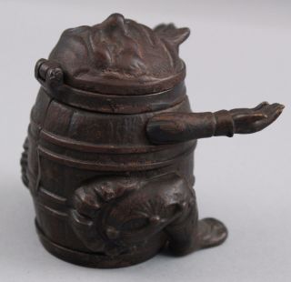 RARE Antique 1890s Cast Iron J & E Stevens Man in Barrel Figural Inkwell,  NR 9