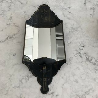 Vintage Black Tin Metal Wall Sconce / Candle Holder Reflective Mirrors