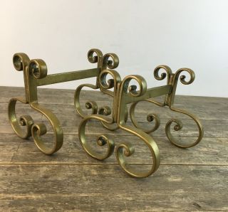 Antique Victorian Heavy Brass Swirl Design Fire Dog Andirons.