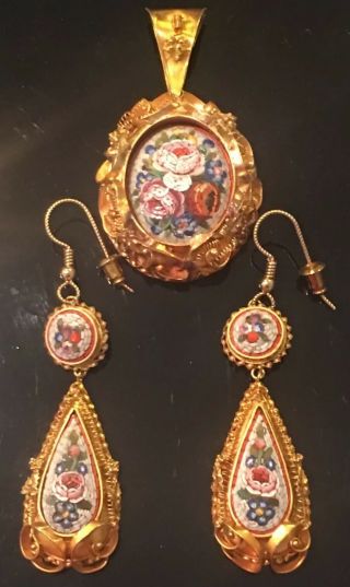 Circa 1870 Venetian 18k Solid Gold Micro Mosaic Mourning Locket & Earrings Set