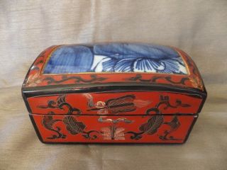 Vintage Chinese Red Hand Painted Lacquer Wood & Blue Porcelain Inlay Jewelry Box
