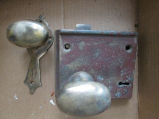 Vintage Early 1900s Cast Brass Bevel Edge Door Look & Knobs No Keeper Or Key