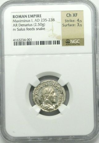 NGC Ch XF 4/5 - 3/5 Maximinus.  AR Denarius Exquisite Ancient Roman Silver Coin 5