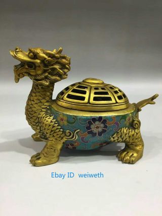 Chinese Antiques Brass Handwork Cloisonne Dragon Turtle Incense Burner