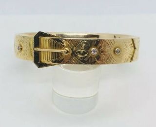 Antique Art Deco 14k Yellow Gold & Diamond Buckle Strap Design Bangle Bracelet 10