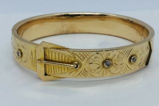 Antique Art Deco 14k Yellow Gold & Diamond Buckle Strap Design Bangle Bracelet