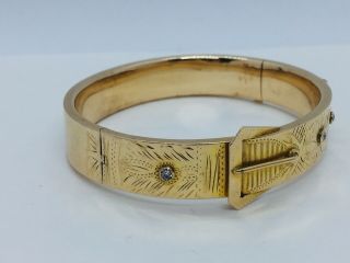 Antique Art Deco 14k Yellow Gold & Diamond Buckle Strap Design Bangle Bracelet 2