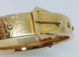 Antique Art Deco 14k Yellow Gold & Diamond Buckle Strap Design Bangle Bracelet 8