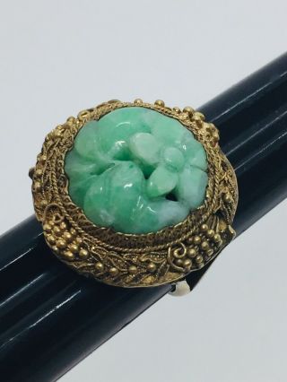 Antique Chinese Sterling Silver Gold Vermeil Carved Green Jade Filigree Ring