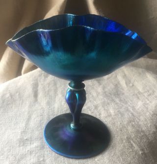 Antique Frederick Carder Steuben Aurene Art Glass Blue Oinion Skin Compote Vase