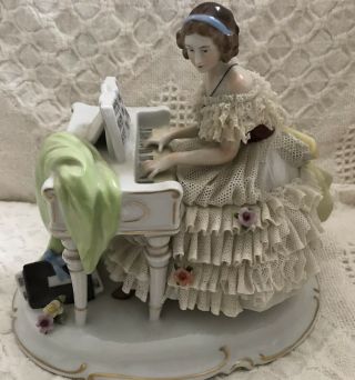 Antique German Porcelain Figurine Lady Playing A Piano Dresden Lace
