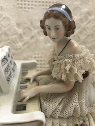 ANTIQUE GERMAN Porcelain Figurine Lady PLAYING A PIANO Dresden Lace 2