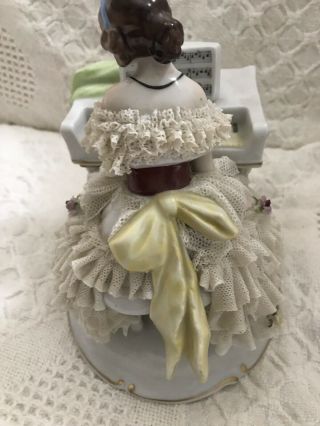 ANTIQUE GERMAN Porcelain Figurine Lady PLAYING A PIANO Dresden Lace 3