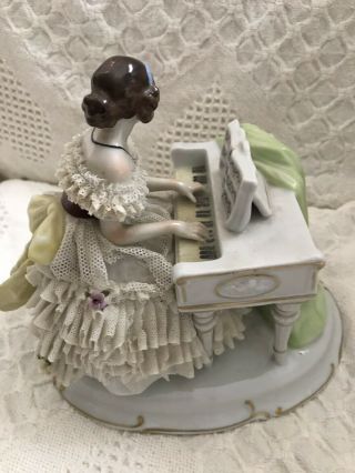 ANTIQUE GERMAN Porcelain Figurine Lady PLAYING A PIANO Dresden Lace 4