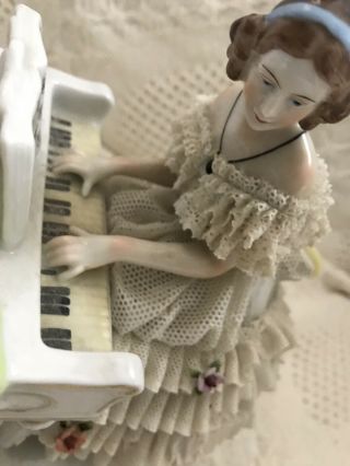 ANTIQUE GERMAN Porcelain Figurine Lady PLAYING A PIANO Dresden Lace 8