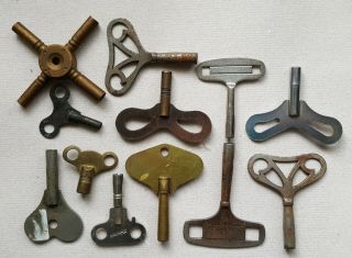 Twelve Vintage Clock Keys Various Makers And Sizes Inc.  Brass Spider Key