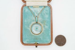 Boxed Antique English 15k Gold Rock Crystal Turquoise Flower Locket C1860