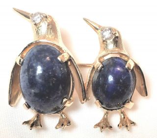 Vintage 14k Yellow Gold Diamond & Lapis Lazuli Penguins Cute Brooch Pin
