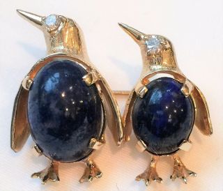 Vintage 14K Yellow Gold Diamond & Lapis Lazuli Penguins CUTE Brooch Pin 2