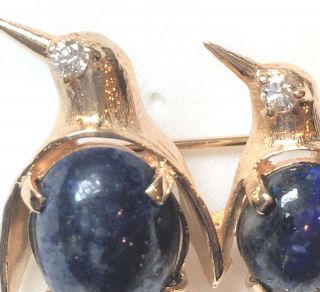 Vintage 14K Yellow Gold Diamond & Lapis Lazuli Penguins CUTE Brooch Pin 4