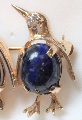 Vintage 14K Yellow Gold Diamond & Lapis Lazuli Penguins CUTE Brooch Pin 5