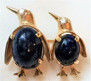 Vintage 14K Yellow Gold Diamond & Lapis Lazuli Penguins CUTE Brooch Pin 7