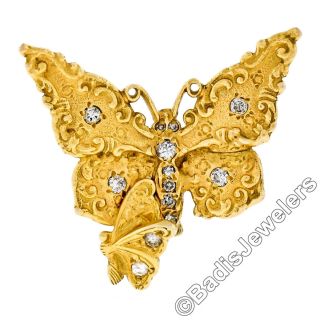 Vintage 18k Yellow Gold 0.  25ctw Diamond Detailed Large & Small Butterfly Pendant