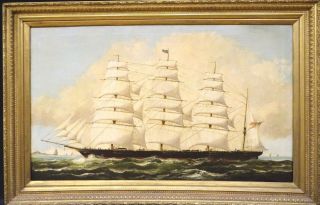 Huge 19th Century American Clipper Ship Full Sail Us Navy Marine Oil Signed