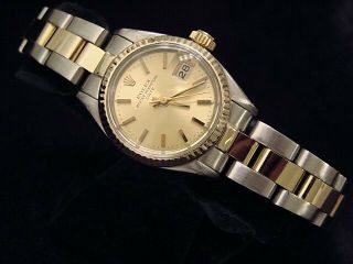 Rolex Date Ladies 2tone 14k Yellow Gold & Steel Watch Oyster Champagne Dial 6917