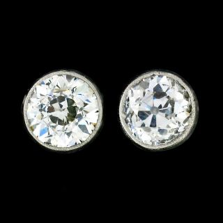 Antique Art Deco Platinum 1.  70ctw Old European Cut Diamond Bezel Stud Earrings