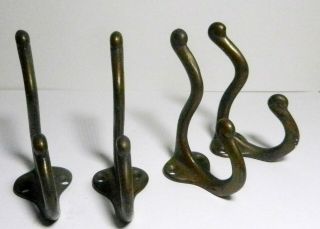 4 Antique Reclaimed Hardware Solid Brass Double Coat Hooks - Architectural