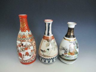 Japanese Old Kutani Ware Sake Bottle Tokkuri 3set/ Hand - Painting/ 9006
