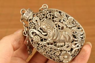 Chinese Tibet Silver Hand Carving Kirin Statue Figure Snuff Bottle Pendant